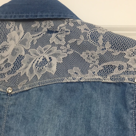 Denim & Lace Button Down Western Shirt - Picture 9 of 12